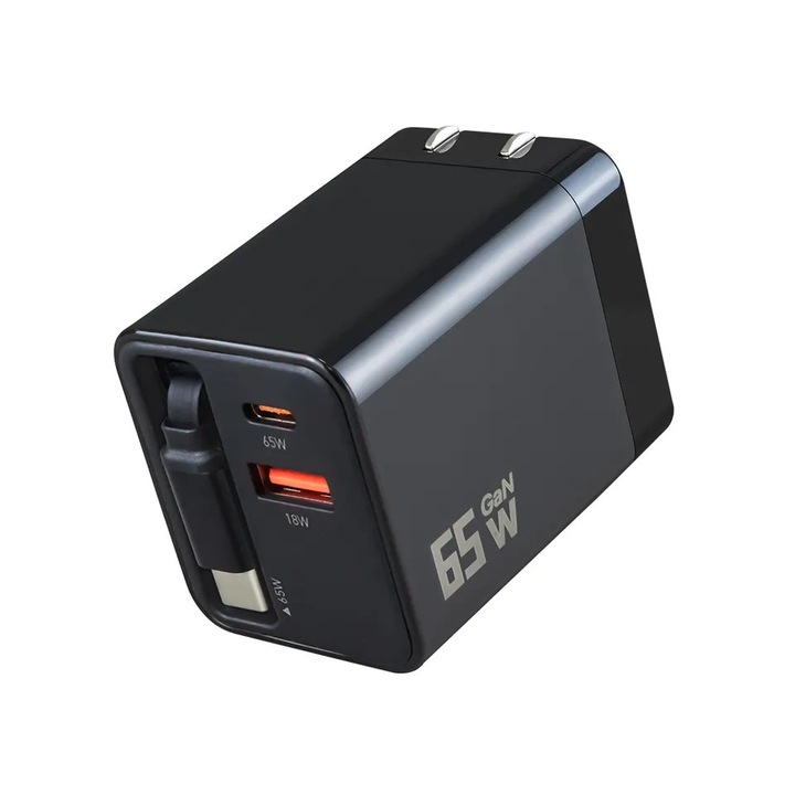 Incarcator Retea MauMau 65W GaN cu Cablu USB-C Retractabil, Fast Charging PD 3.0 + QC 3.0, pentru Telefon, Tableta, Laptop