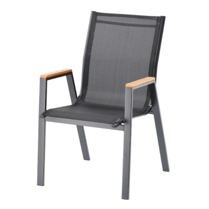 Стоманен градински стол с подлакътници от полидърво - черен