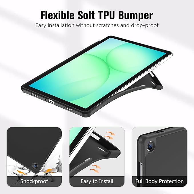 Husa tableta, VIENOD®, Compatibil cu Samsung Galaxy Tab A11+ 2025/A9+ 2023, 11'', Functie sleep/wake-up, Antisoc, Rezistent la uzura, Usor de instalat, Portabil, Design ergonomic, TPU/Piele ecologica, Negru