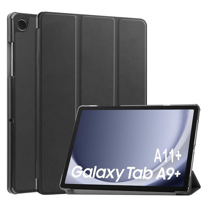 Husa tableta, VIENOD®, Compatibil cu Samsung Galaxy Tab A11+ 2025/A9+ 2023, 11'', Functie sleep/wake-up, Antisoc, Rezistent la uzura, Usor de instalat, Portabil, Design ergonomic, TPU/Piele ecologica, Negru
