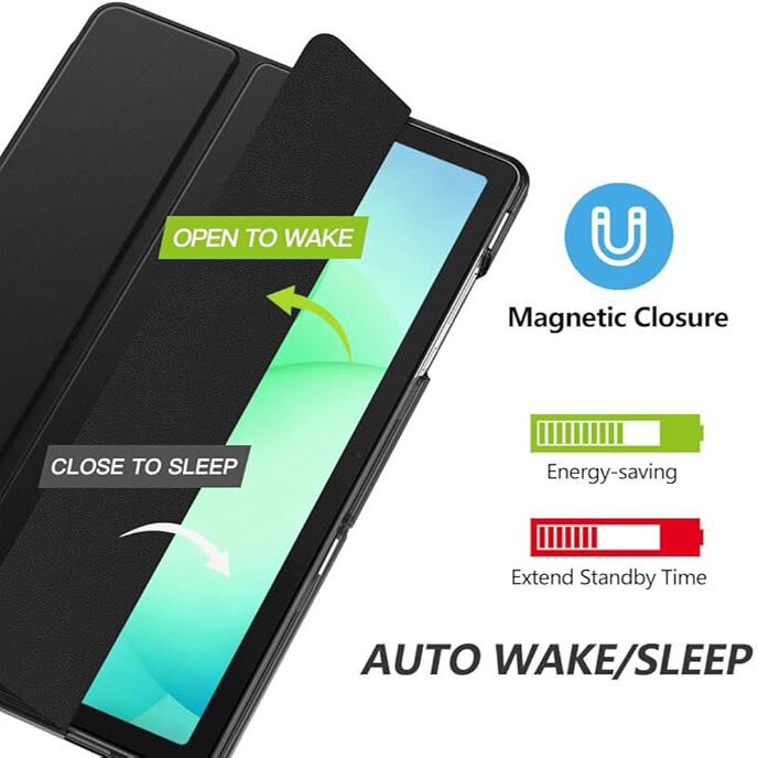 Husa pentru Samsung Galaxy Tab A11+ Plus 2025 / A9+ Plus 2023 11 inch, cu somn/trezire automata, design pliabil in trei pozitii, capac magnetic flip, din piele ecologica PU si carcasa PC, negru