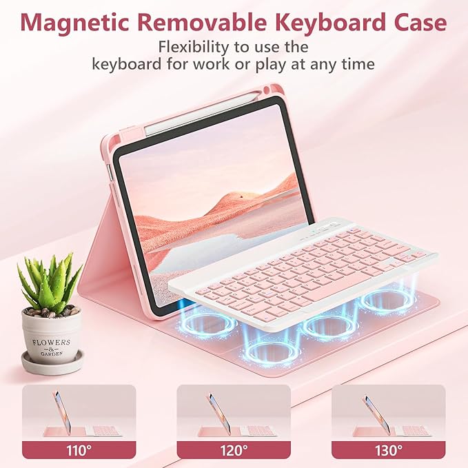 Husa cu tastatura pentru iPad Air de 11 inci (M4 2026/M3 2025/M2 2024) si Air 5/4, cu o tastatura de 10, 9 inci (iluminare de fundal in 7 culori), Bluetooth, functionalitate de suport USB Type-C si slot pentru stylus, Roz