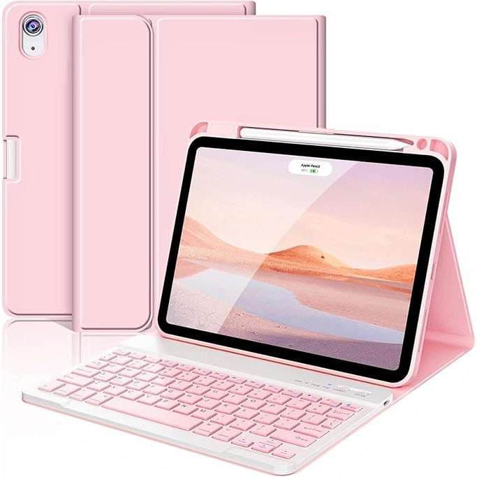 Husa cu tastatura pentru iPad Air de 11 inci (M4 2026/M3 2025/M2 2024) si Air 5/4, cu o tastatura de 10, 9 inci (iluminare de fundal in 7 culori), Bluetooth, functionalitate de suport USB Type-C si slot pentru stylus, Roz