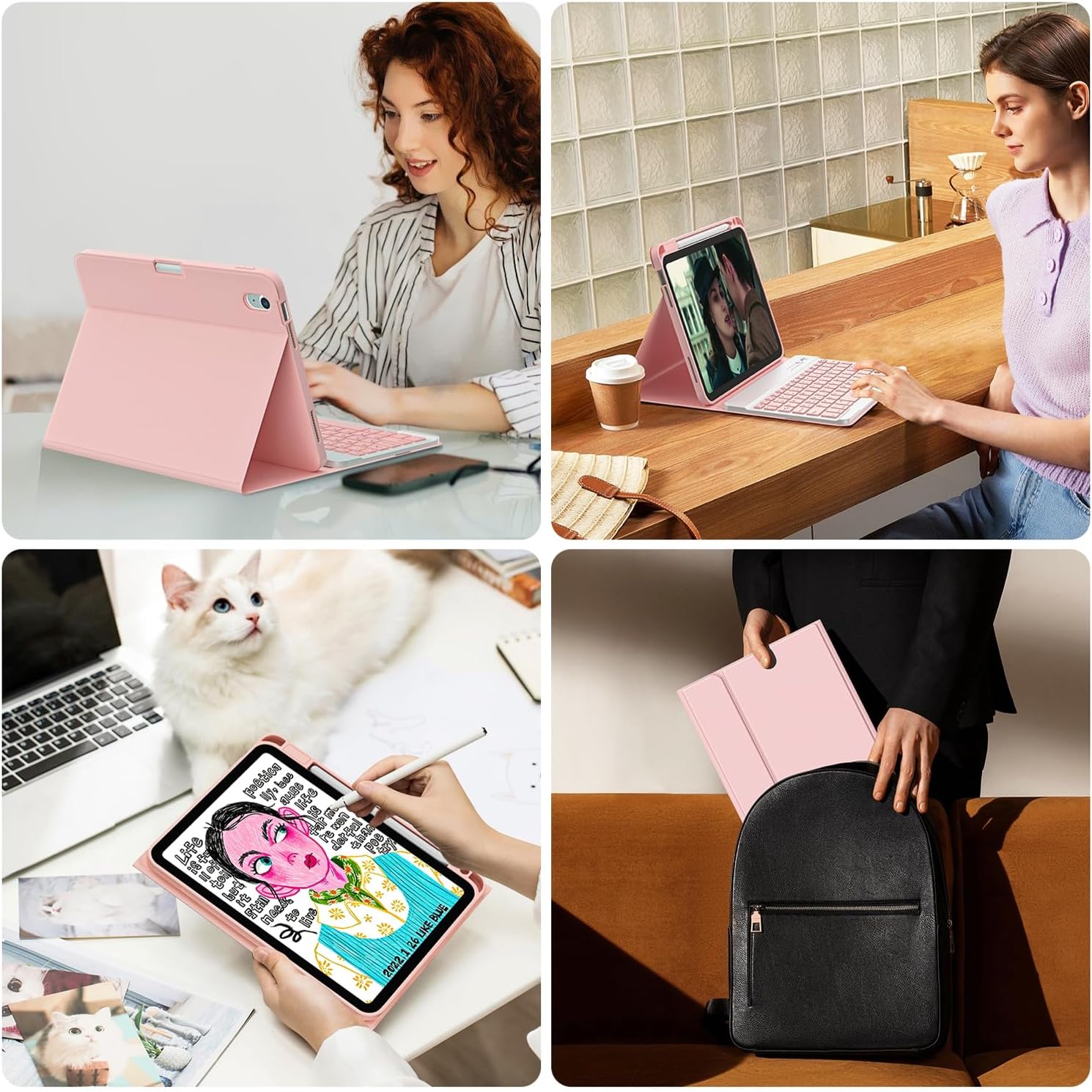 Husa cu tastatura pentru iPad Air de 11 inci (M4 2026/M3 2025/M2 2024) si Air 5/4, cu o tastatura de 10, 9 inci (iluminare de fundal in 7 culori), Bluetooth, functionalitate de suport USB Type-C si slot pentru stylus, Roz