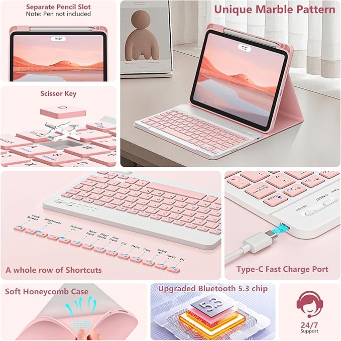 Husa cu tastatura pentru iPad Air de 11 inci (M4 2026/M3 2025/M2 2024) si Air 5/4, cu o tastatura de 10, 9 inci (iluminare de fundal in 7 culori), Bluetooth, functionalitate de suport USB Type-C si slot pentru stylus, Roz