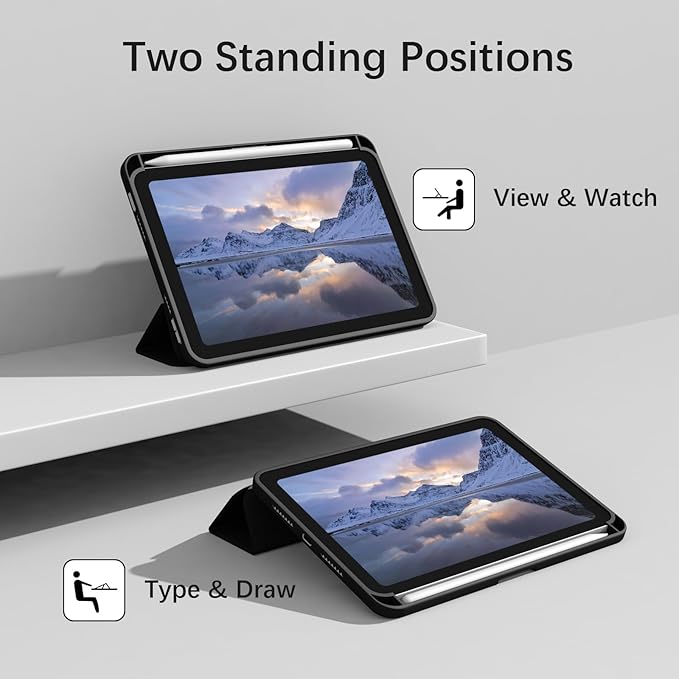 Husa inteligenta subtire, pliabila, cu suport, pentru iPad mini a 7-a generatie (A17 Pro 2024) / iPad mini a 6-a generatie 2021, cu functie automata de trezire/somn, material TPU moale, slot pentru Apple Pencil si culoare, Negru