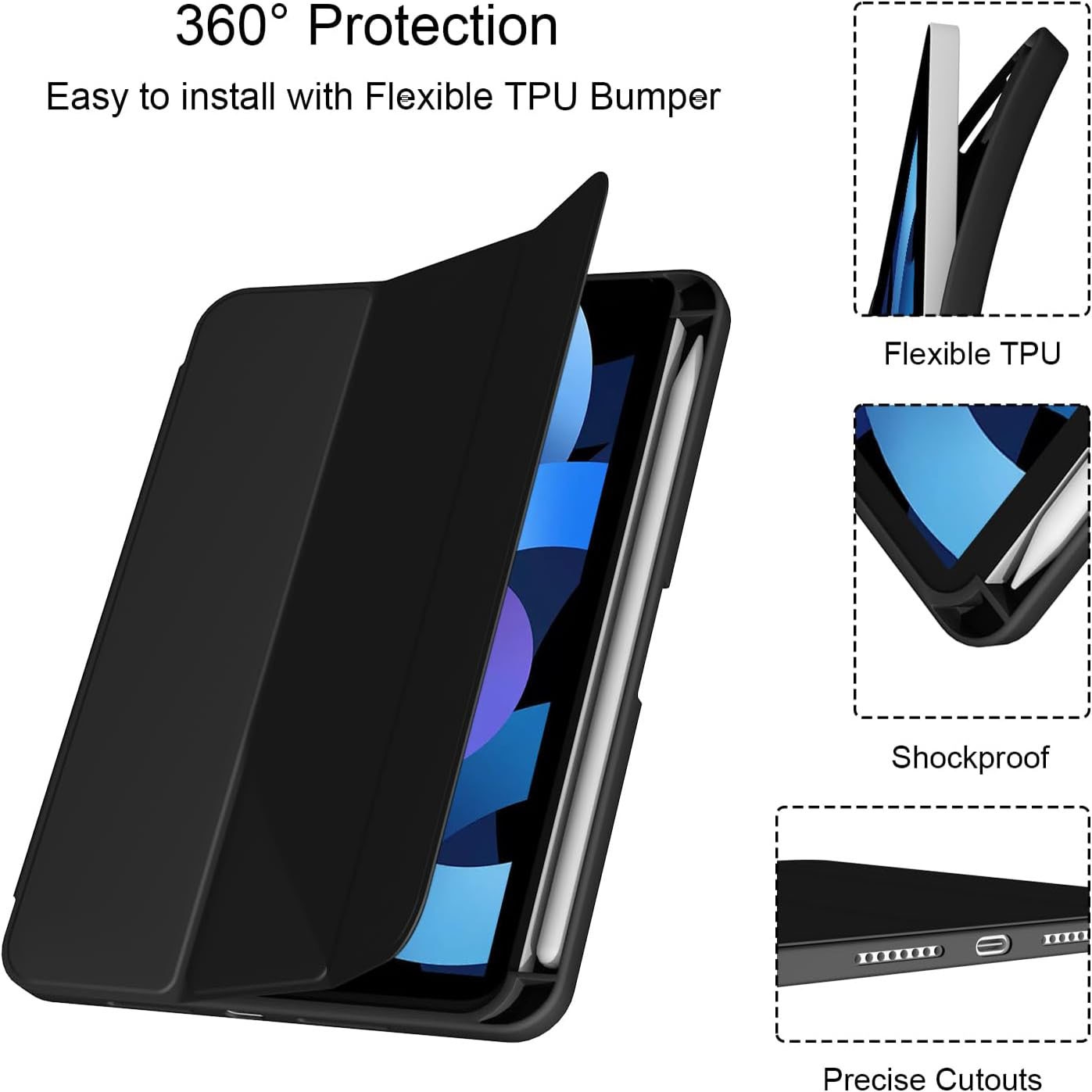 Husa inteligenta subtire, pliabila, cu suport, pentru iPad mini a 7-a generatie (A17 Pro 2024) / iPad mini a 6-a generatie 2021, cu functie automata de trezire/somn, material TPU moale, slot pentru Apple Pencil si culoare, Negru