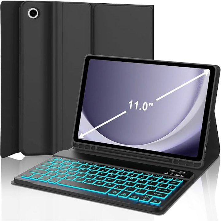 Husa de protectie pentru tablete Samsung Tab A9+/A11+ de 11 inch, cu tastatura, tastatura magnetica detasabila wireless Bluetooth, iluminare de fundal in 7 culori, functii inteligente, slot pentru stilou, Negru