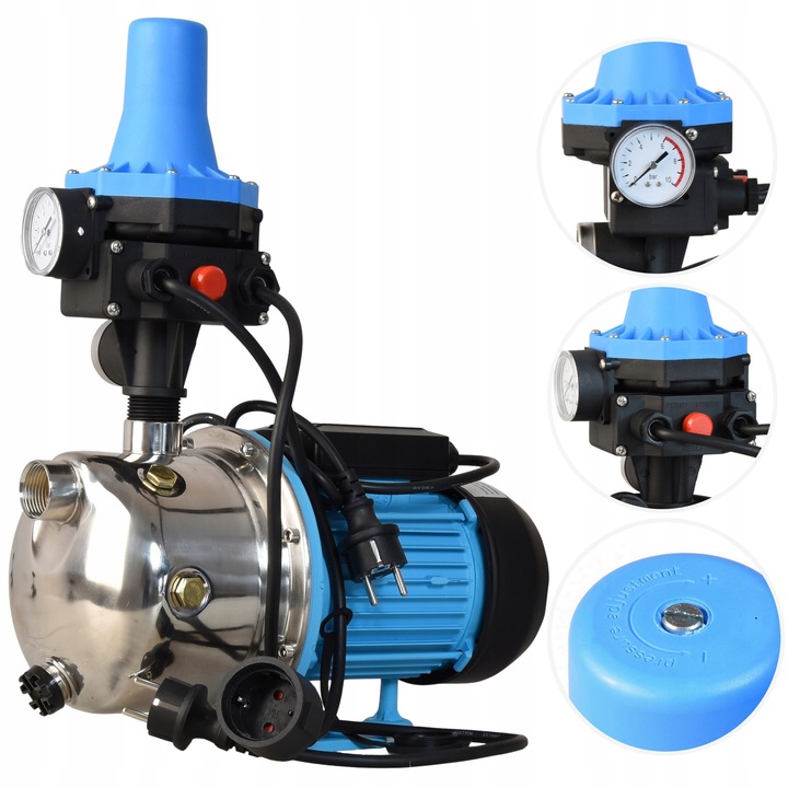 Повърхностна помпа INOX за чиста вода JX 1100, ALUVRA, мощност 1100 W, дебит 3600 л/ч, 5 бара, напор 50 м + Автоматичен пресостат CSK 31 с манометър, регулируемо стартово налягане