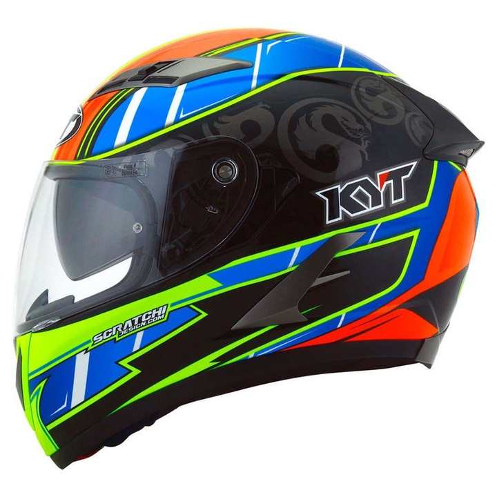 Casca integrală KYT Falcon Xavier Simeon Replica albastru-roșu-verde neon speed cu ochelari de soare integrați