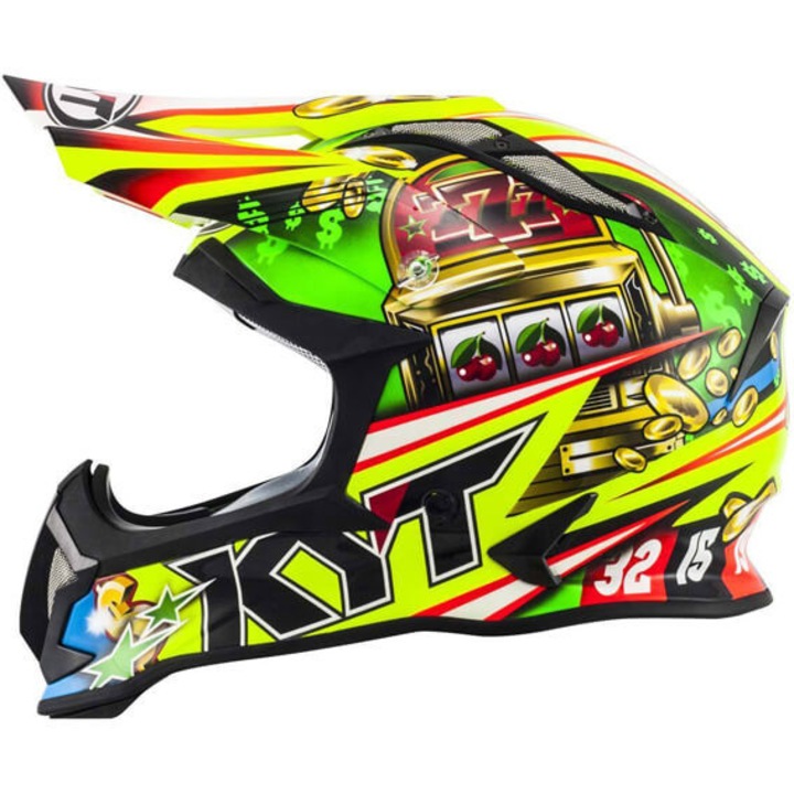 Casca cross KYT Strike Eagle Rolulette neon verde-albastru-portocaliu-verde-lamaie
