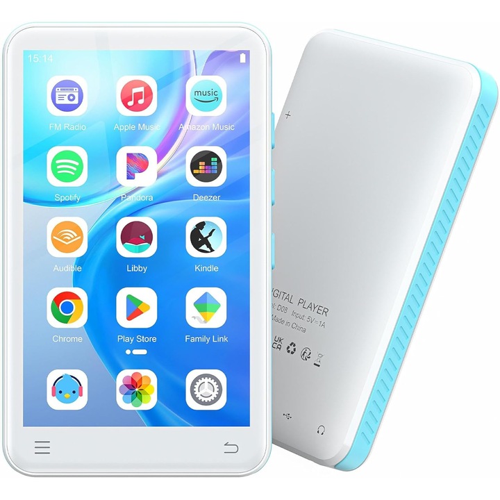 MP3 плейър 160 GB с Bluetooth 5.0, 4-инчов екран, пълен тъчскрийн – MP3/MP4 плейър, Wi‑Fi Dual‑Band, Micro SD, Android 13, поддръжка на Spotify, Audible, Play Store, FM радио, разширение на паметта до 1 TB
