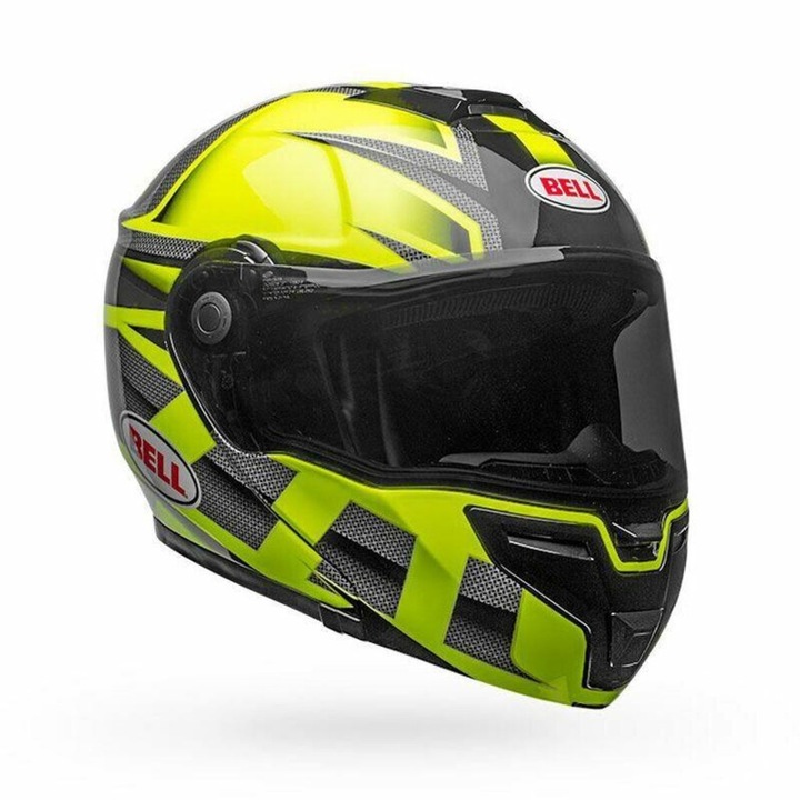 Cască moto modulară verde neon-gri lucios cu ochelari de soare integrați BELL SRT Modular Predator