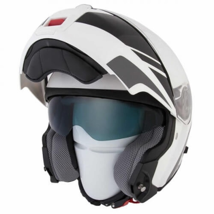 Casca moto modulară SPADA Cyclone Blast alb-negru lucios, cu ochelari de soare integrați