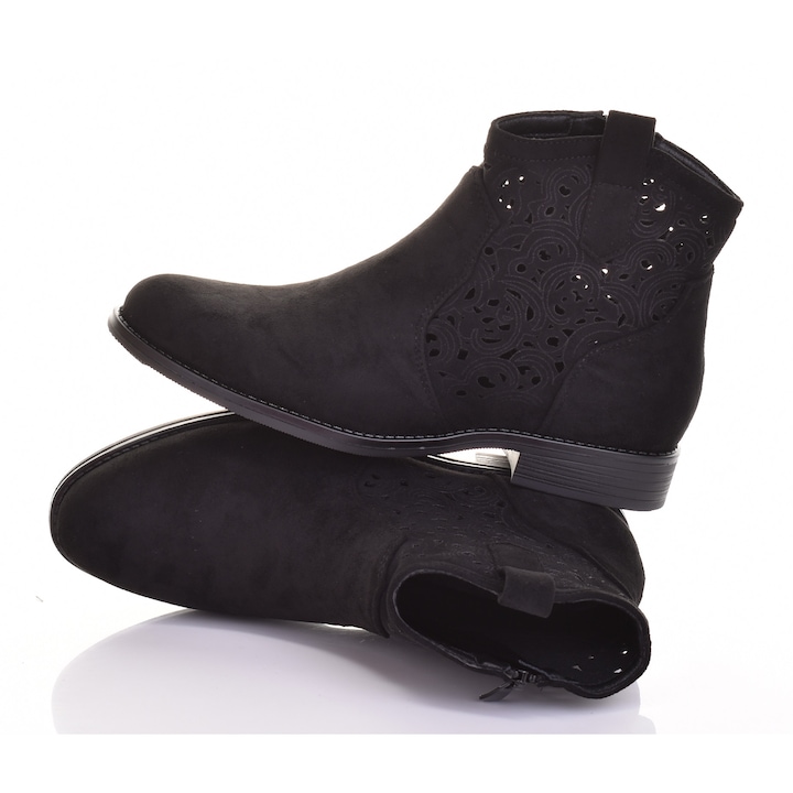 Botine dama Martinus, piele ecologica intoarsa, perforate, negre, toc plat