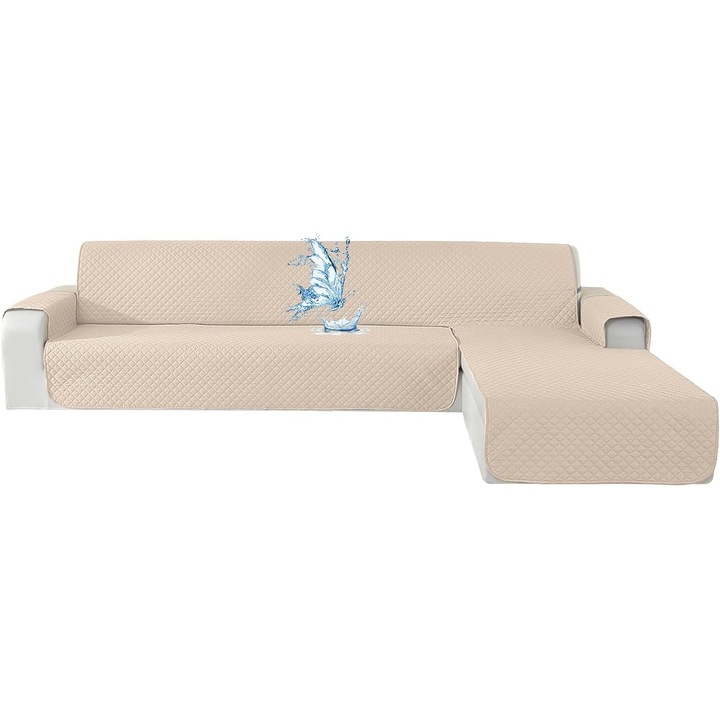 Husa Canapea Coltar in Forma de L, CYCMACO, Impermeabila, 4 Locuri, 280cm – Reversibila Stanga/Dreapta, Antiderapanta, Ideala pentru Case cu Animale, Lavabila la Masina, Bej