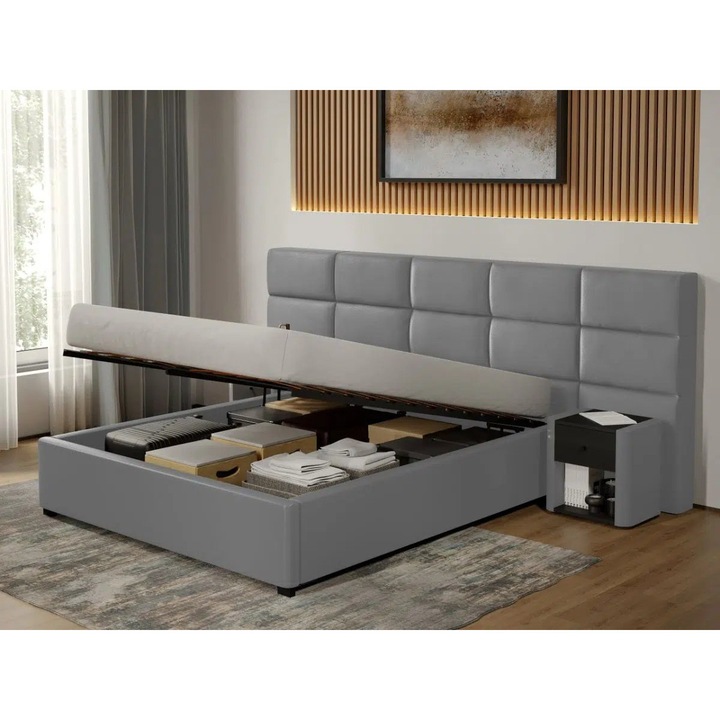 Pat tapitat Cico Rabatabil, C2, Capat Mare 307x114, din piele/stofa, 180x200, Gri/Nube 81