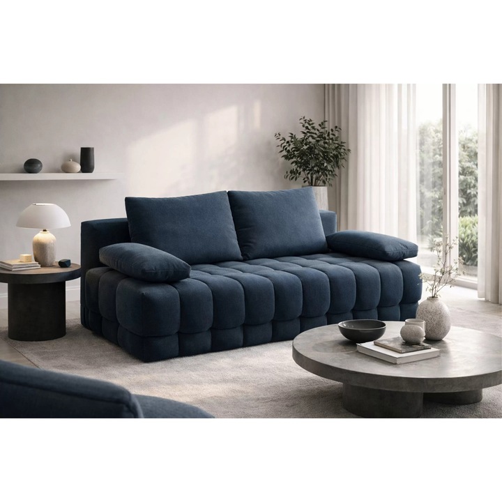 Canapea extensibila Tuko cu lada functie de dormit albastru inchis tesatura 210 x 95 x 100