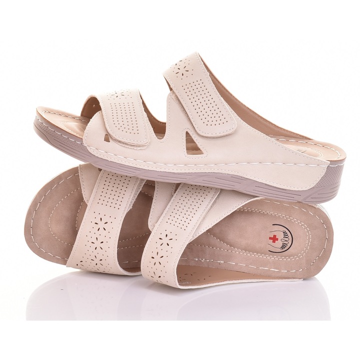 Papuci dama Martinus, cusuti, usori, bej, piele ecologica