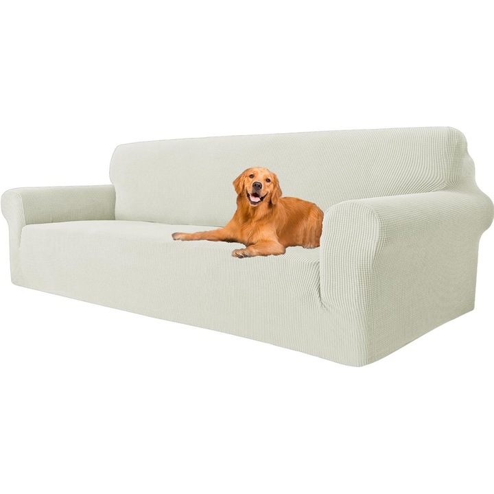 Husa de Protectie pentru Canapea 4 Locuri YSTELLAA, Elastica, Bej Deschis, 231-279 cm, Design cu Patratele, Protectie Completa si Rezistenta Antiderapanta