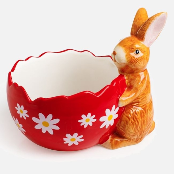 Керамична поставка за великденски яйца, Зайче с червена кошница, Десен с цветя, Декорация за великденска трапеза