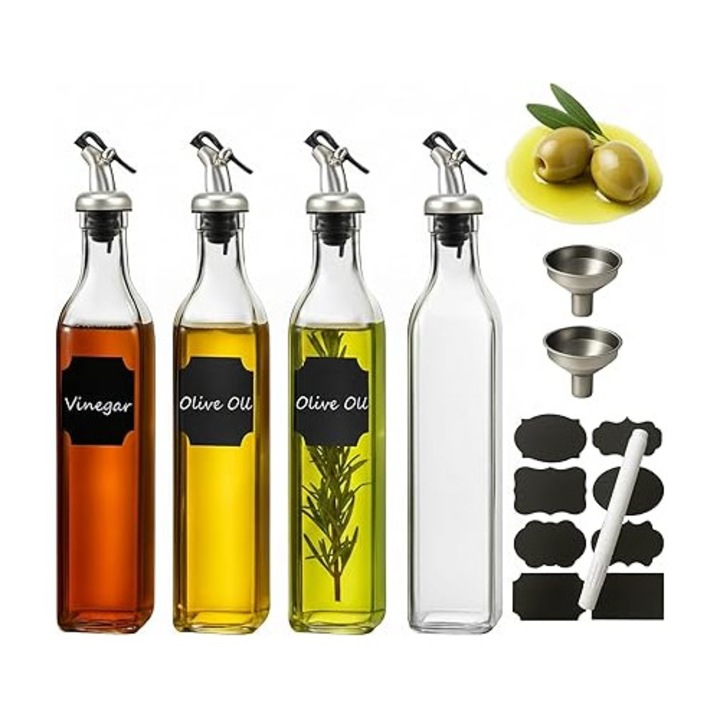 Set 4 sticle ulei WERTIOO 500 ml, Dispenser ulei si otet din sticla, Cu palnie si marker, Transparent