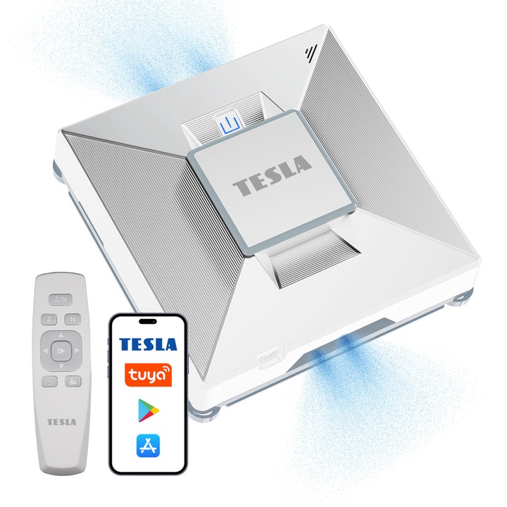 Robot de curățat geamuri, Tesla RoboStar W800 WiFi, mop microfibră, navigație vocală, control mobil, 22x22x7.2cm, alb