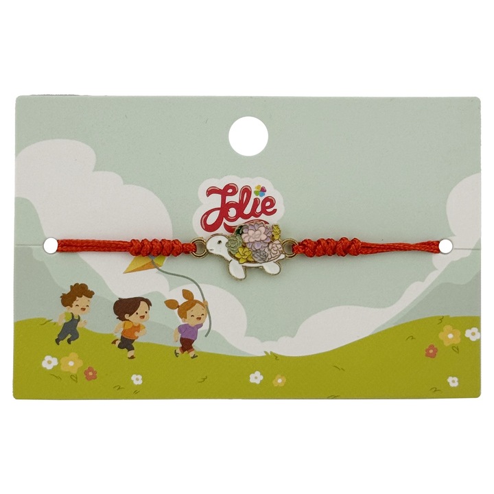 Martisor Karkötő Gyermekeknek, Jolie, Teknős Modell, Arany Színű Fémből Piros Fonott Zsinórral, Fehér/Többszínű