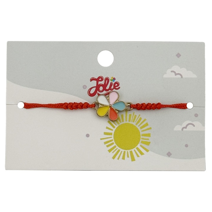 Martisor karkötő gyerekeknek, virágmintás, fém, piros fonott zsinór, többszínű