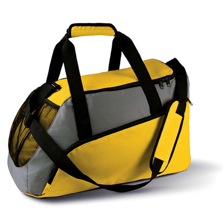 Utazótáska, sporttáska, külön cipőrekesz, textil anyag, sportoláshoz alkalmas, sárga és szürke