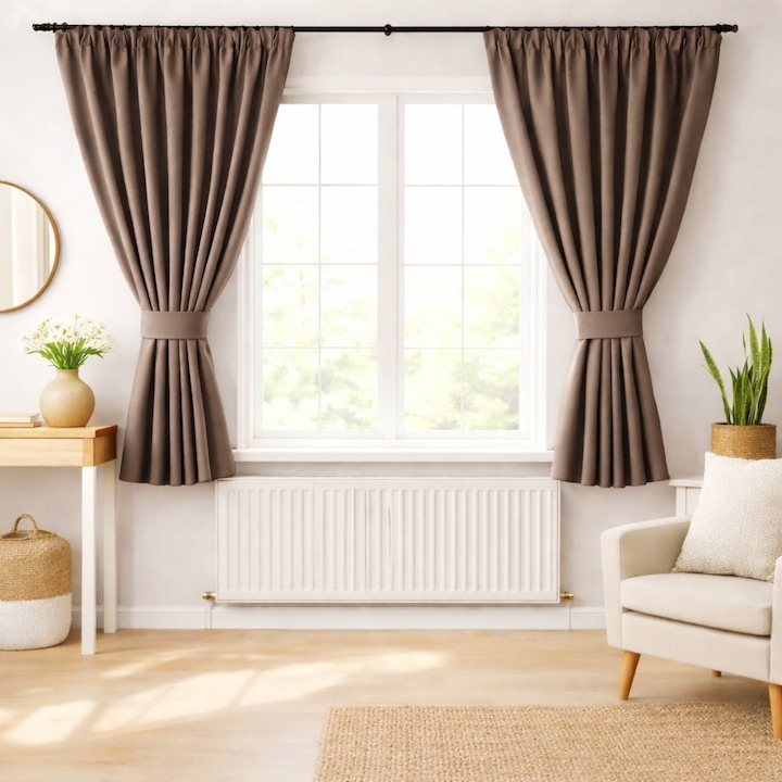 Set 2 x Draperii Taupe Latte Catifea Premium Blackout L 1.5 m si H 1.45 m H, Draperii Scurte Elegante pana in calorifer, cu rejansa Premium