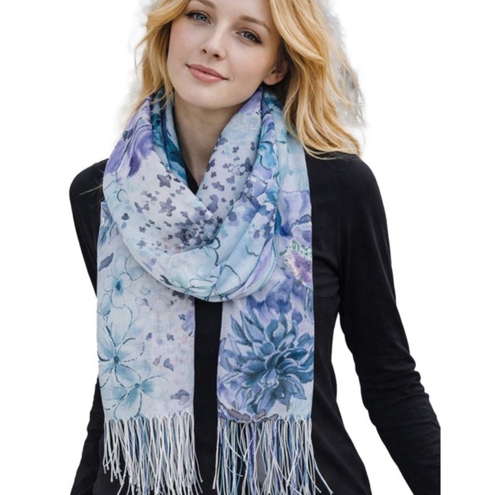 Sal multicolor albastru, pentru femei, elegant si versatil, cu imprimeu floral, moale si confortabil - Agrafka unisize