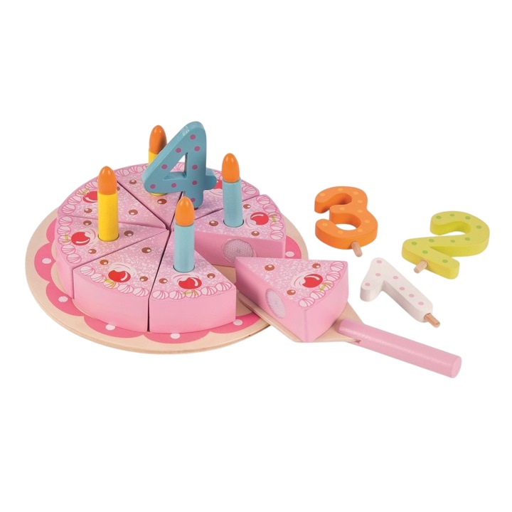 Jucarie Tort Aniversar din Lemn Mixbo, Set cu 8 felii, Spatula, Numere si lumanari, Multicolor, 2ani+