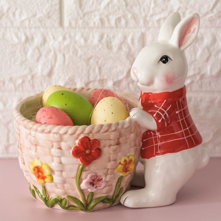 Suport Oua Paste Tip Cosulet Din Ceramica Cu Iepuras Decorativ Model Impletit Pentru Aranjament Masa 14x21x21cm