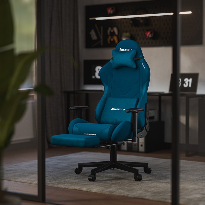 Scaun Gaming, Huzaro, Force 5.7, Perna pentru cap, Cotiere ergonomice 2D, Functie deviere cu blocare, Suport extensibil pentru picioare, Perna lombara, Certificat SGS, scaun reglabil, inaltime reglabila, pana la 136 kg, Albastru
