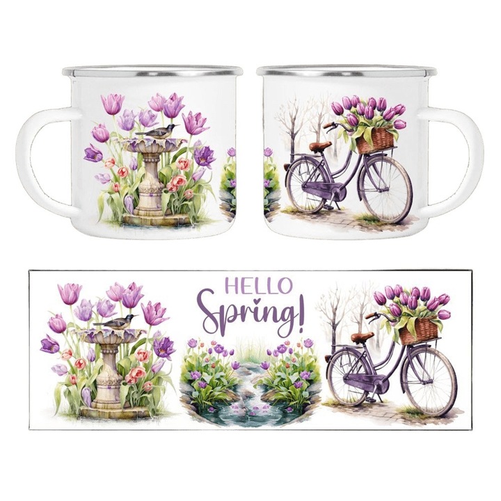 Cana emailată albă 350 ml, design acuarelă bicicletă cu flori, set