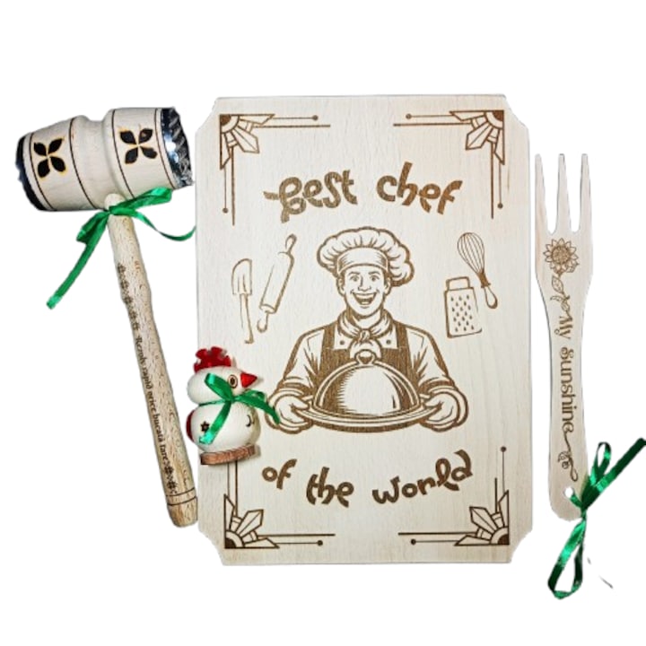 Set bucătărie personalizat Best Chef, 4 piese, tocător 35x25cm, ciocan șnițel, furculiță, solniță, lemn