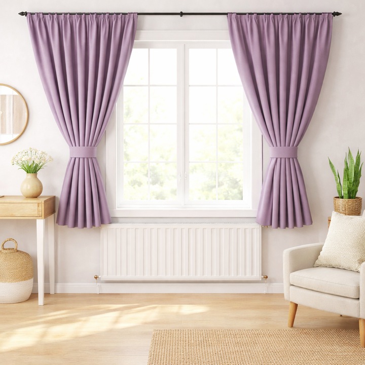 Set 2 Draperii Lila, Catifea Premium Blackout L 1, 5 m si H 1, 45 m H – Draperii Scurte Elegante pana in calorifer, cu rejansa Premium, Magazincovoare
