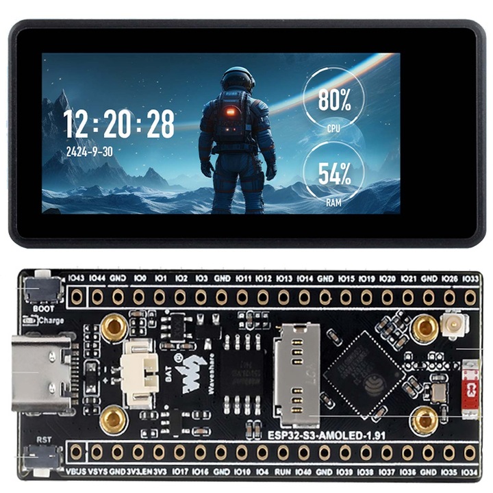 Modul de dezvoltare ESP32-S3, Waveshare, ecran AMOLED 1 "91" 240x536, Wi-Fi, Bluetooth 5.0, senzor QMI8658, carcasă aluminiu CNC