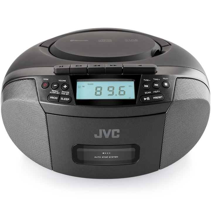 Radio cu casetofon si player CD JVC RC-E444B, 2 x 1.6 W RMS, FM, Bluetooth, USB, MP3, AUX IN, negru