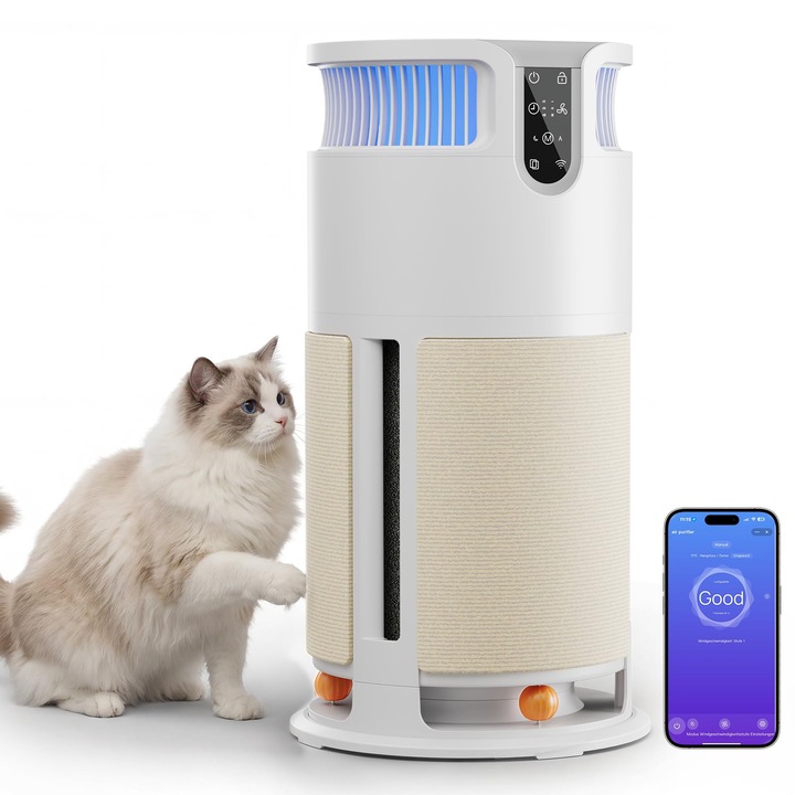 Purificator de aer inteligent pentru animale de companie JUMMICO, Telecomanda APP.Acest purificator de aer indeparteaza 99, 98% mucegai, praf, polen, par de animale de companie.Cu zgarieturi si jucarii – ideal pentru gospodariile cu animale