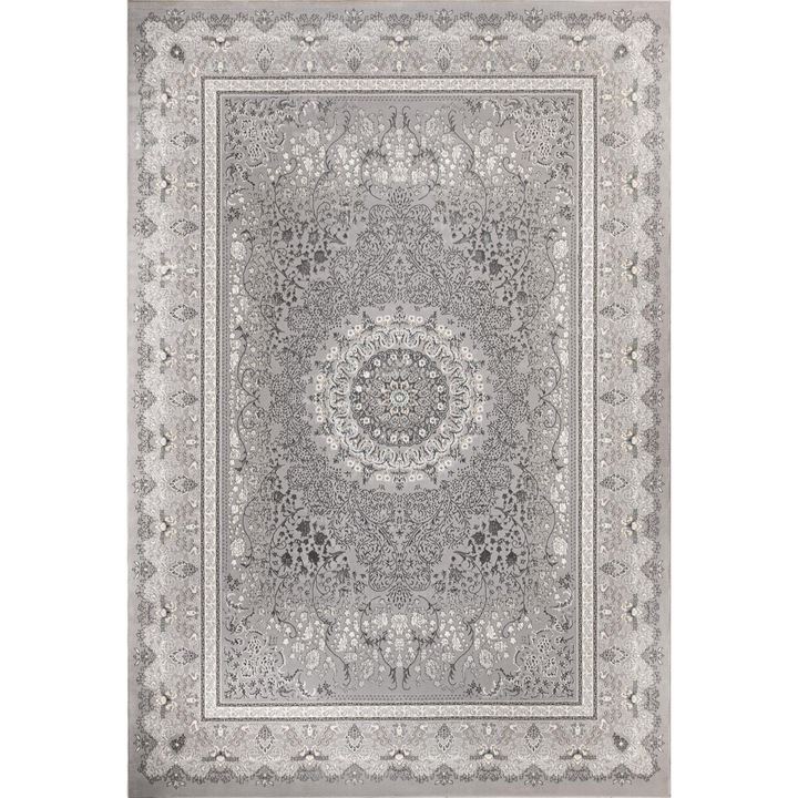 Covor, Leo Alex Carpets, Beyond Rozeta, 200x290 cm, Design Clasic, Material Poliester Moale, Grosime 10 mm, Greutate 2300 g/m², Spate Juta Naturala, Pentru Living, Dormitor, Hol, Bucatarie, Gri