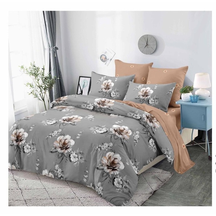 Спално бельо Finet, 100% памук, 6 части, сиво, флорален десен, долен чаршаф 220x240см, плик за завивка 200x230см (с цип), калъфка за възглавница 55x75см-2 броя, калъфка за възглавница 70x70см-2 броя