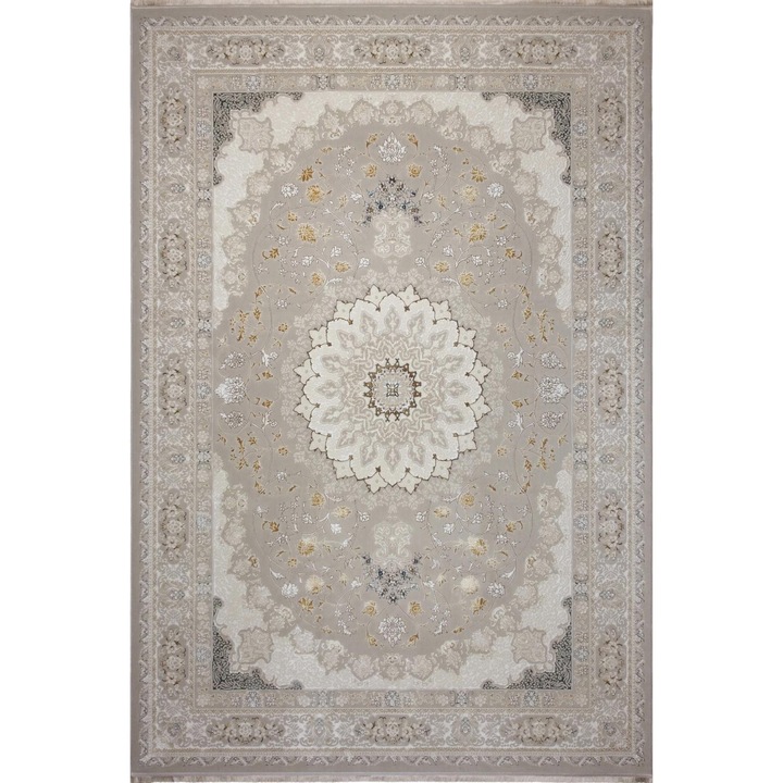 Covor, Leo Alex Carpets, Aur, 80x150 cm, Design Clasic, Material Poliester, Grosime 10 mm, Greutate 2600 g/m², Spate Juta Naturala, Pentru Living, Dormitor, Hol, Bucatarie, Bej/Auriu