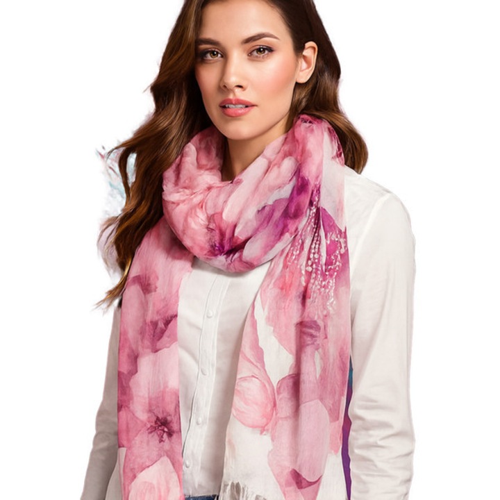 Sal feminin multicolor roz cu imprimeu floral – elegant, versatil si practic pentru femei, Agrafka unisize