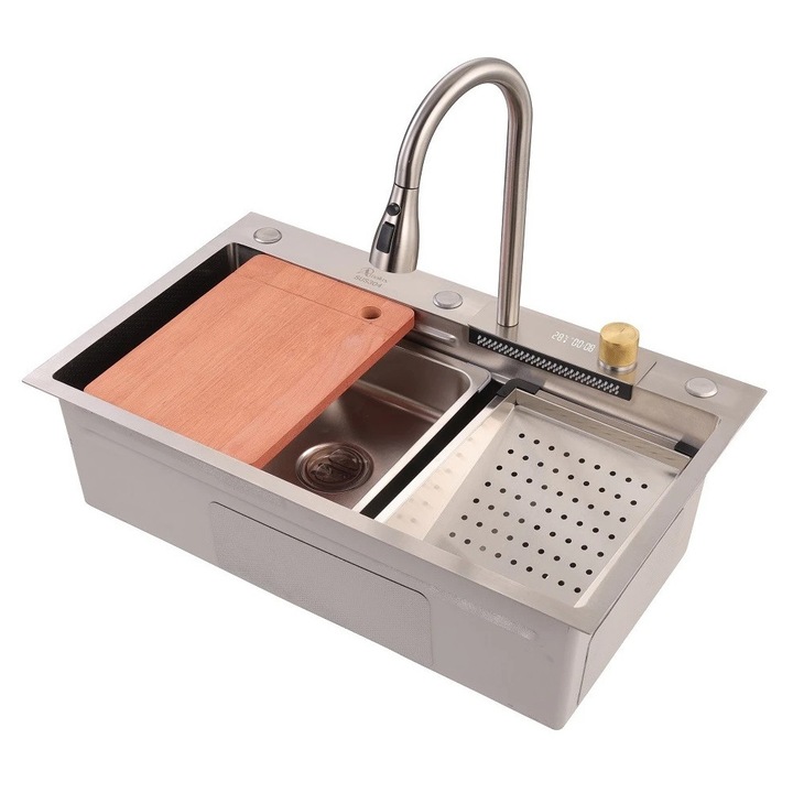 Chiuveta Bucatarie, Amalux®, Inox 304, Smart LED Afisaj Digital, Multifunctionala, Robinet Extractibil 360°, Dozator, 75x46x20 CM, Crom