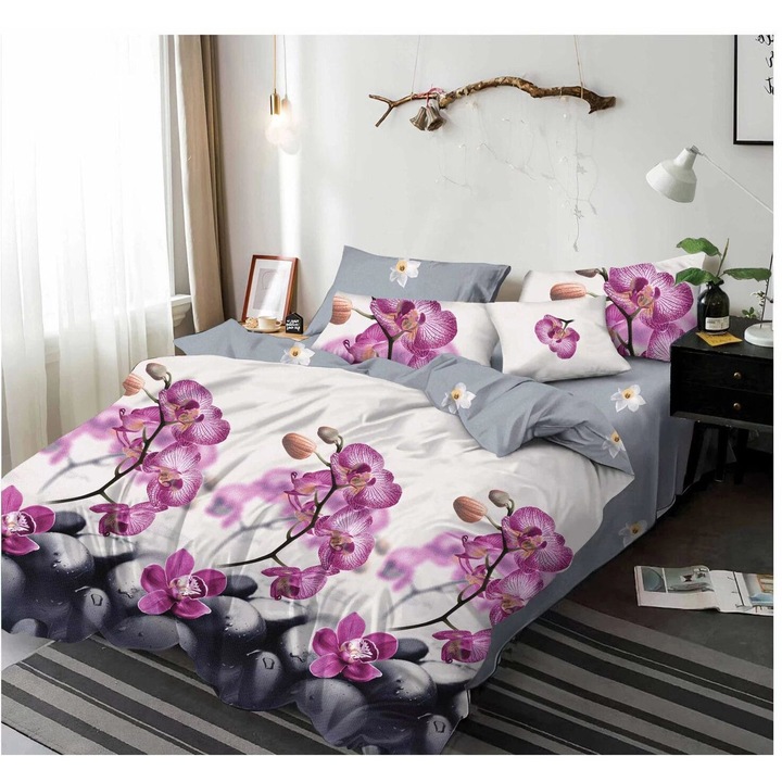 Set lenjerie de pat 2 persoane, cu imprimeu cu orhidee „White Dream with Purple Orchids”, 6 piese, 180 x 200