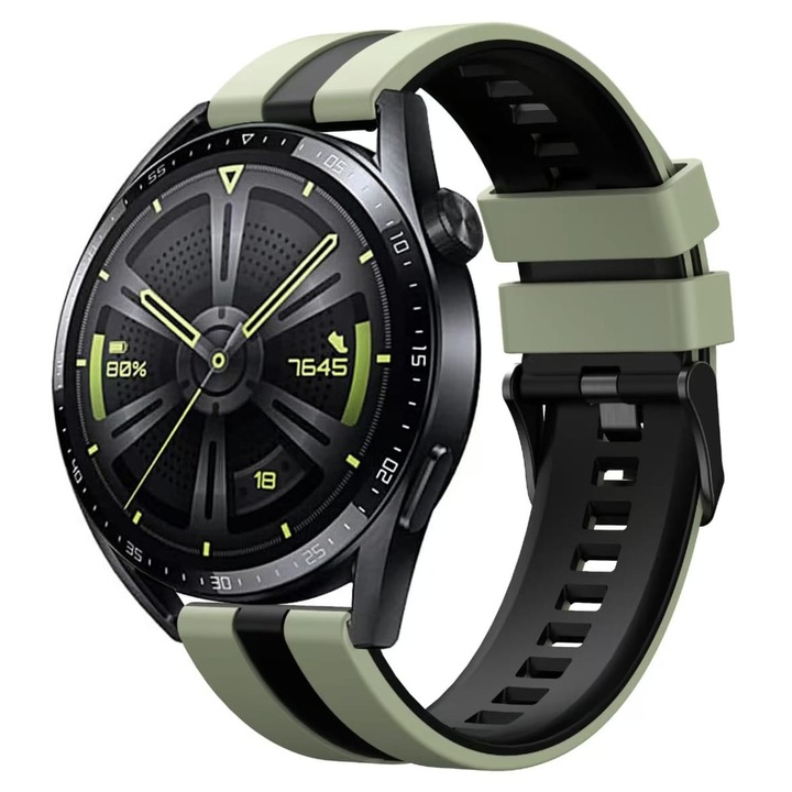 Müller® szilikon Quick Release 22 mm GT kétszínű szíj, kompatibilis Huawei Watch GT2 GT3 GT3Pro GT4 GT5 GT5Pro Amazfit GTR 47 mm, 22 mm széles, zöld fekete csíkkal