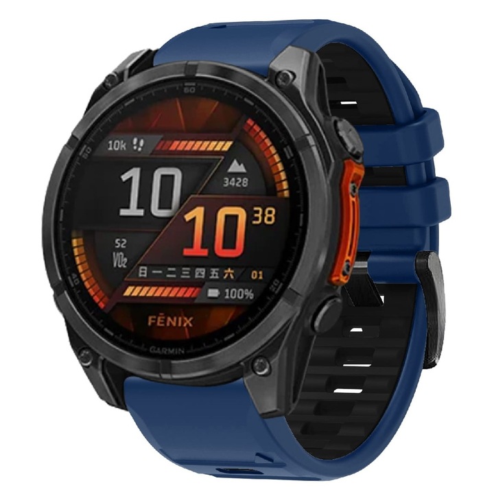 Curea Müller® din silicon pentru smartwatch, Quickfit 26 mm, compatibila cu Garmin 8 51 mm, Fenix 5X 5XPlus 6X 6XPro, Fenix 3 3HR Enduro 3 D2 Delta PX, Fenix 7X Tactix 7Pro, Tacix Delta Descent Mm2I MK Epix, latime 26mm, Albastru Negru