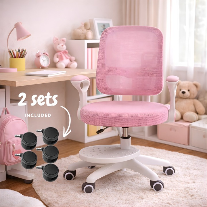 Детски Офис Стол Premium Ергономичен KD Home® ErgoKid, 2 Комплекта Колела Включени, До 120 кг, Розов
